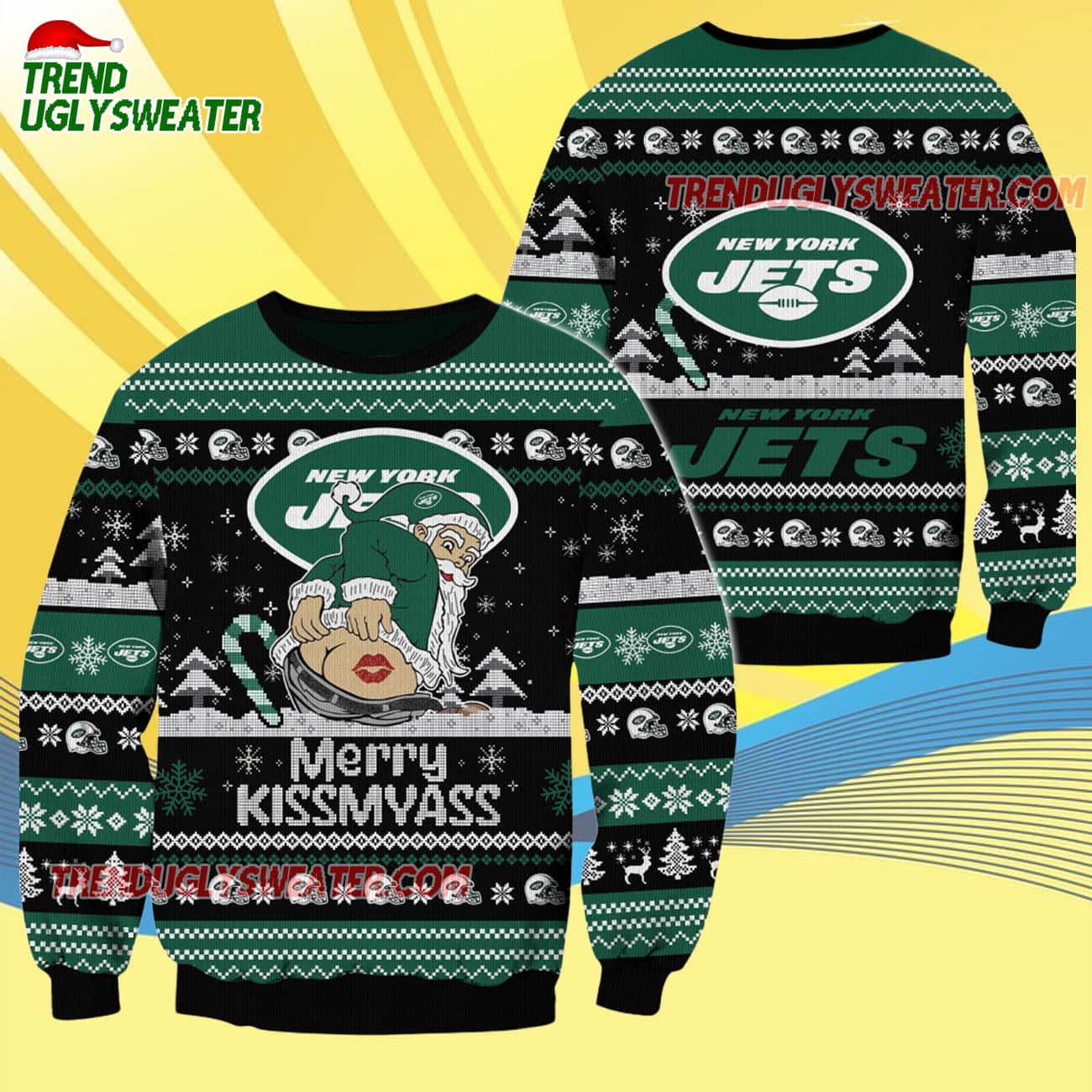 New York Jets Merrykissmyass Funny Santa Claus Christmas Ugly Sweater New York Jets Merrykissmyass Funny Santa Claus Christmas Ugly Sweater
