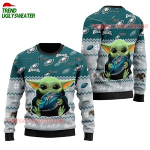 Philadelphia Eagles Baby Yoda Hug The Ball Christmas Ugly Sweater 1