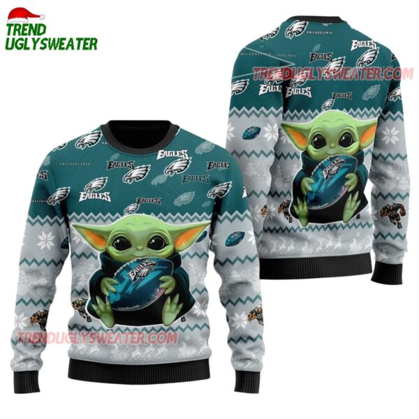 Philadelphia Eagles Baby Yoda Hug The Ball Christmas Ugly Sweater 1