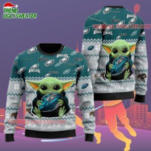 Philadelphia Eagles Baby Yoda Hug The Ball Christmas Ugly Sweater 2
