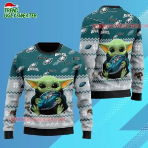 Philadelphia Eagles Baby Yoda Hug The Ball Christmas Ugly Sweater 3