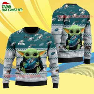 Philadelphia Eagles Baby Yoda Hug The Ball Christmas Ugly Sweater 4