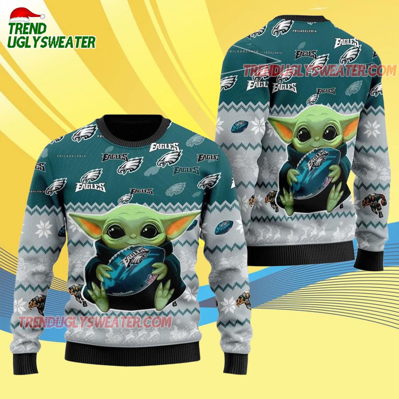 Philadelphia Eagles Baby Yoda Hug The Ball Christmas Ugly Sweater Philadelphia Eagles Baby Yoda Hug The Ball Christmas Ugly Sweater