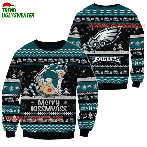 Philadelphia Eagles Merrykissmyass Funny Santa Claus Christmas Ugly Sweater 1