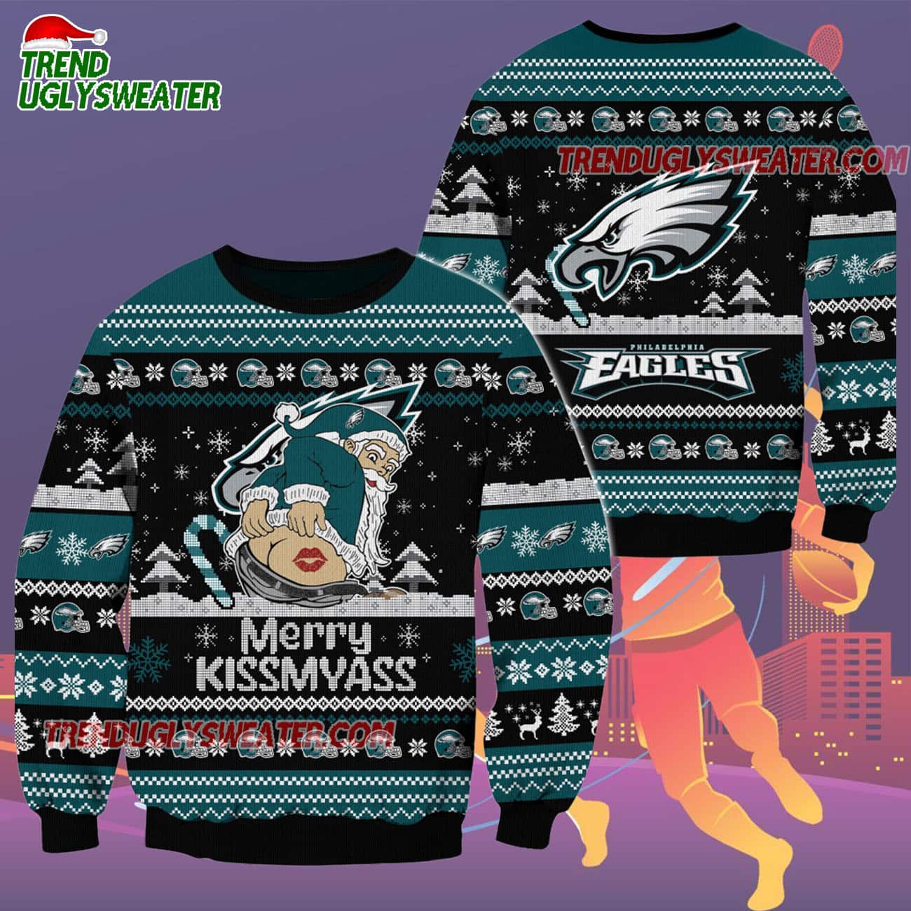 Philadelphia Eagles Merrykissmyass Funny Santa Claus Christmas Ugly Sweater Philadelphia Eagles Merrykissmyass Funny Santa Claus Christmas Ugly Sweater