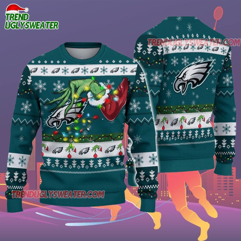 Philadelphia Eagles Special Grinchs Hand Football Christmas Ugly Sweater 2