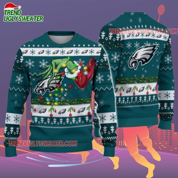 Philadelphia Eagles Special Grinchs Hand Football Christmas Ugly Sweater 2