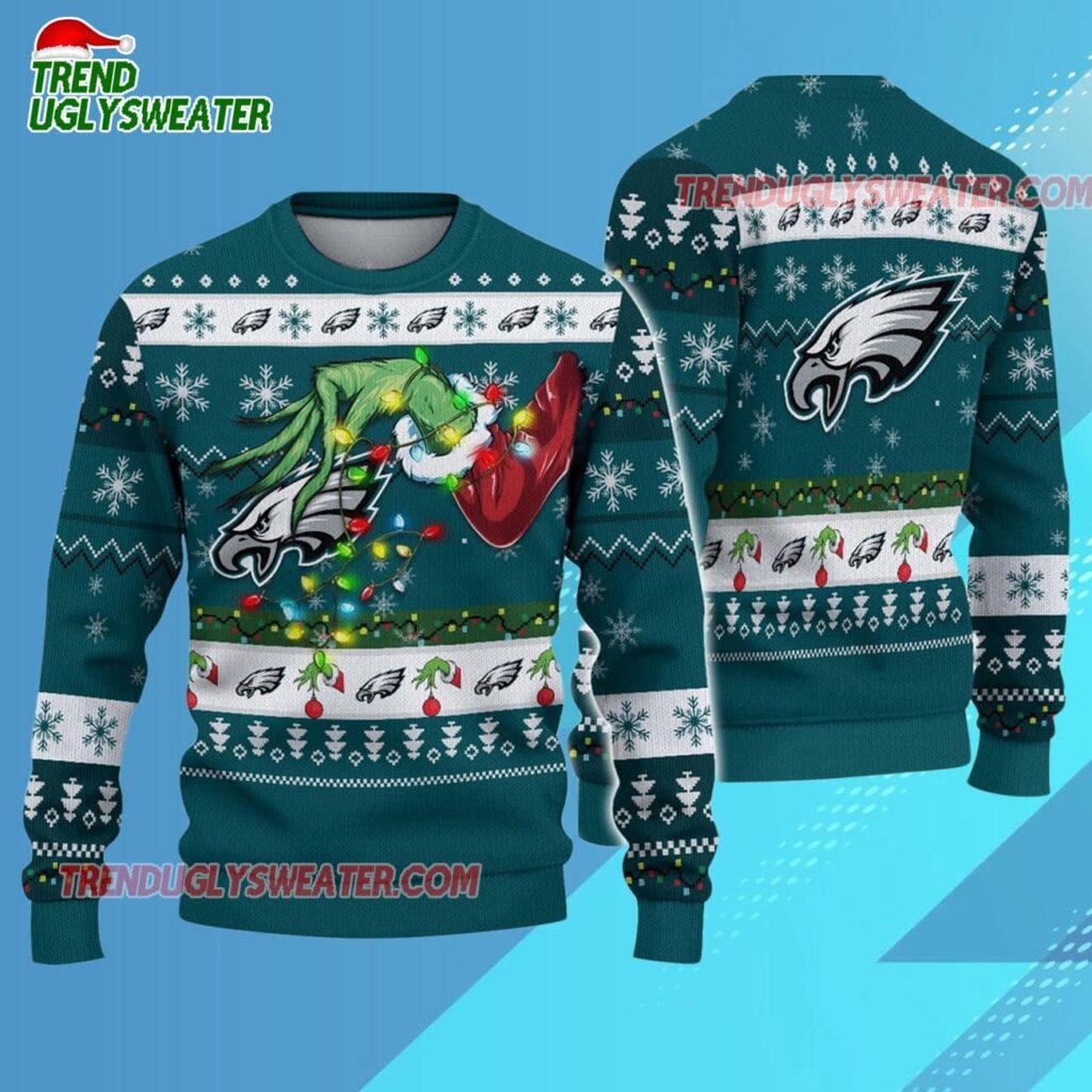 Philadelphia Eagles Special Grinchs Hand Football Christmas Ugly Sweater 3
