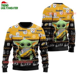 Pittsburgh Steelers Baby Yoda Hug The Ball Christmas Ugly Sweater 1