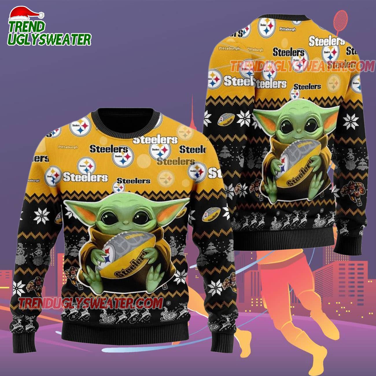 Pittsburgh Steelers Baby Yoda Hug The Ball Christmas Ugly Sweater Pittsburgh Steelers Baby Yoda Hug The Ball Christmas Ugly Sweater