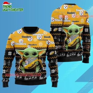 Pittsburgh Steelers Baby Yoda Hug The Ball Christmas Ugly Sweater 3