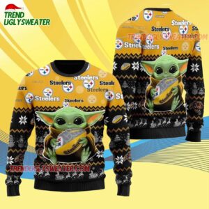 Pittsburgh Steelers Baby Yoda Hug The Ball Christmas Ugly Sweater 4