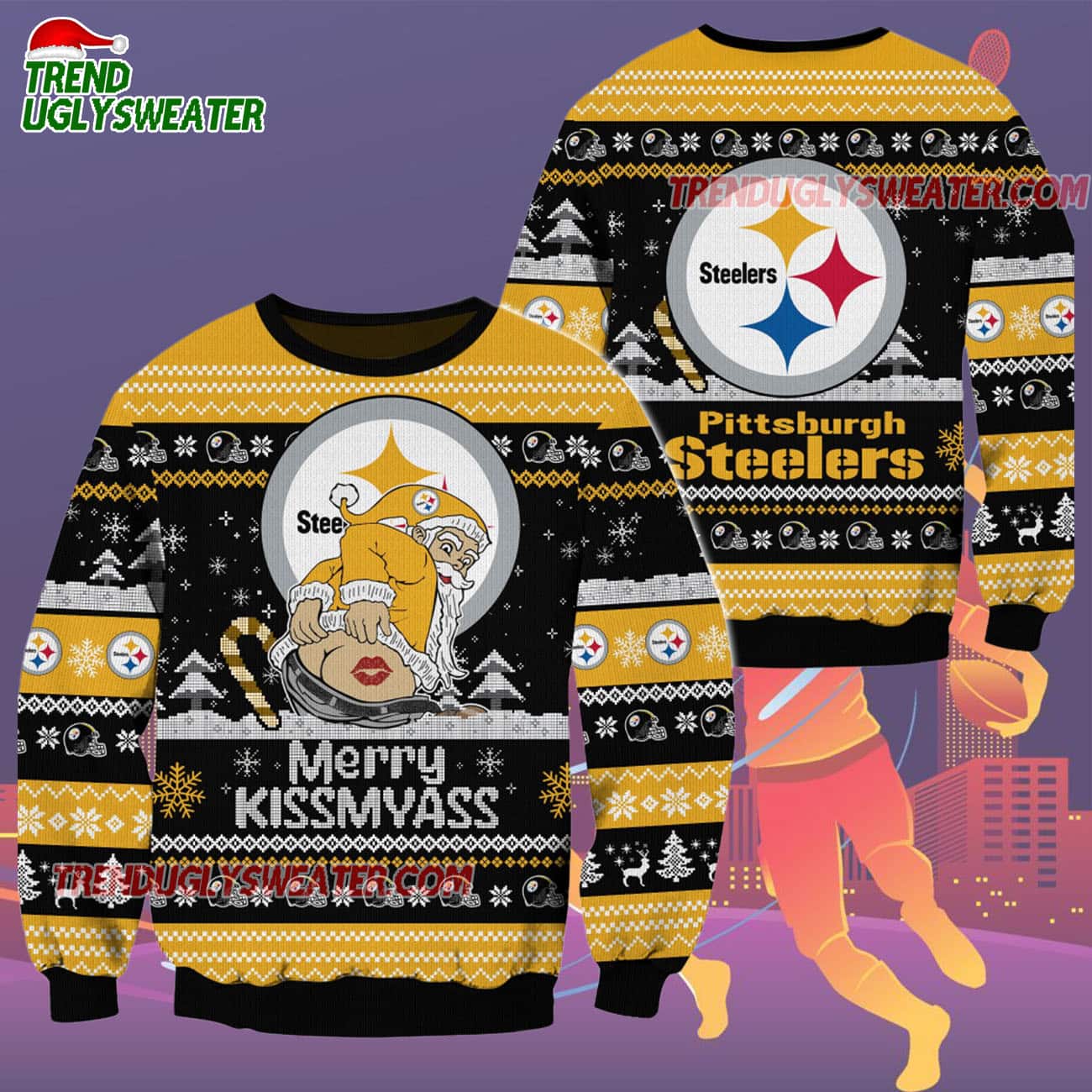 Pittsburgh Steelers Merrykissmyass Funny Santa Claus Christmas Ugly Sweater Pittsburgh Steelers Merrykissmyass Funny Santa Claus Christmas Ugly Sweater