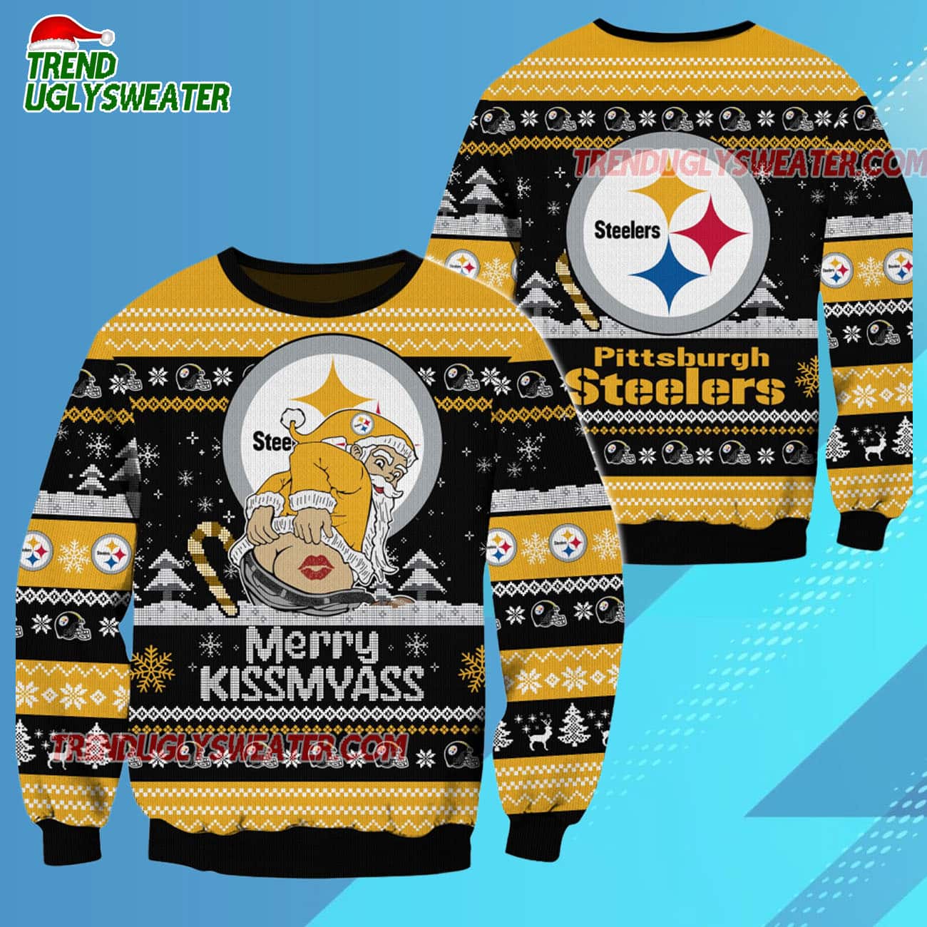 Pittsburgh Steelers Merrykissmyass Funny Santa Claus Christmas Ugly Sweater Pittsburgh Steelers Merrykissmyass Funny Santa Claus Christmas Ugly Sweater
