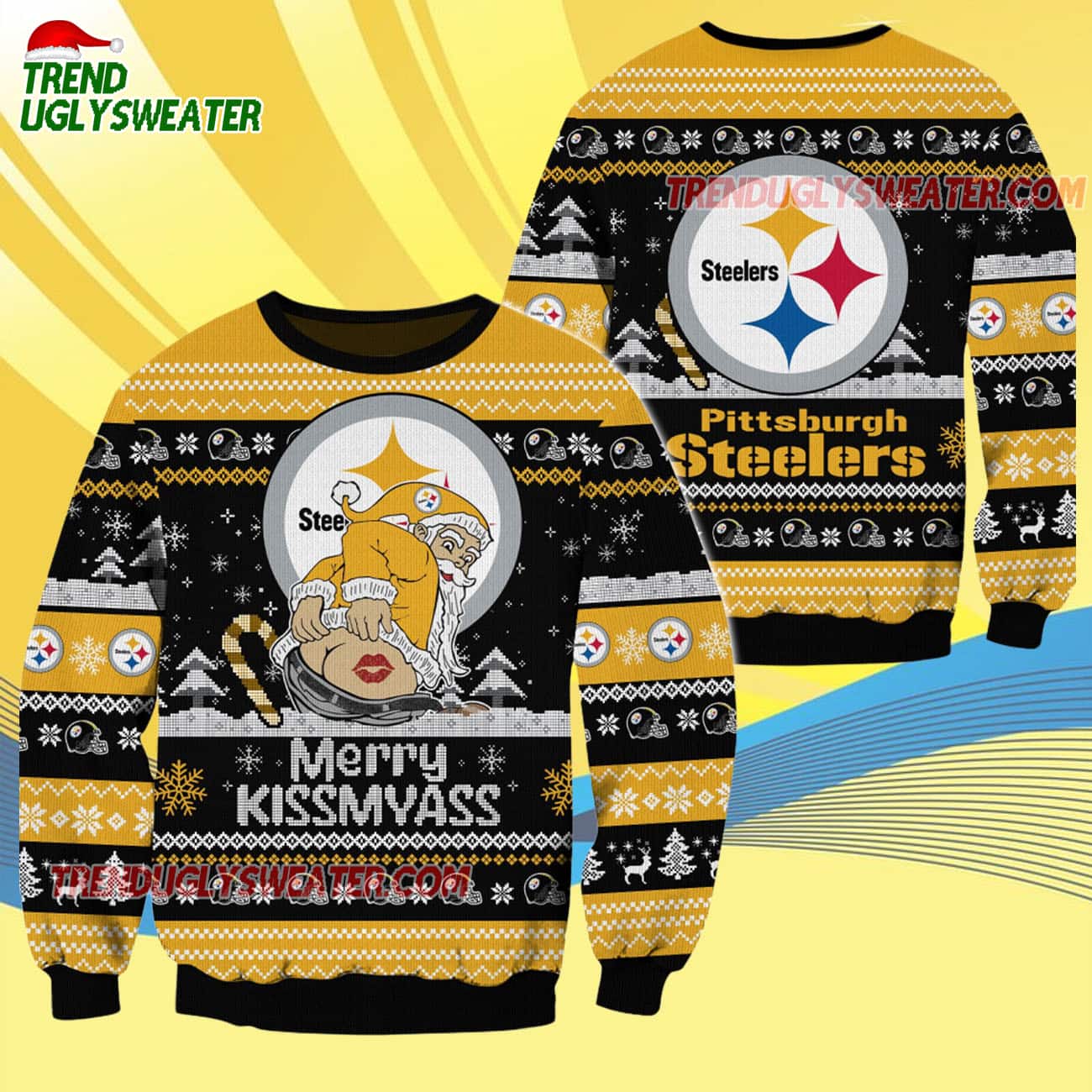 Pittsburgh Steelers Merrykissmyass Funny Santa Claus Christmas Ugly Sweater Pittsburgh Steelers Merrykissmyass Funny Santa Claus Christmas Ugly Sweater