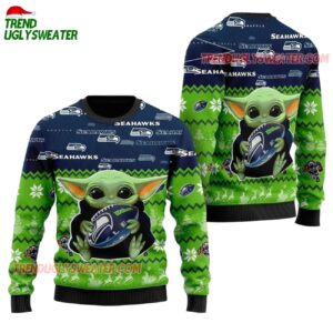 Seattle Seahawks Baby Yoda Hug The Ball Christmas Ugly Sweater 1