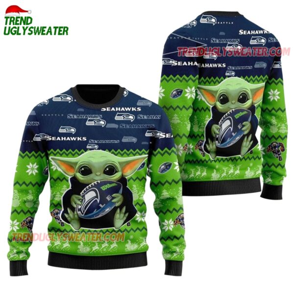 Seattle Seahawks Baby Yoda Hug The Ball Christmas Ugly Sweater 1