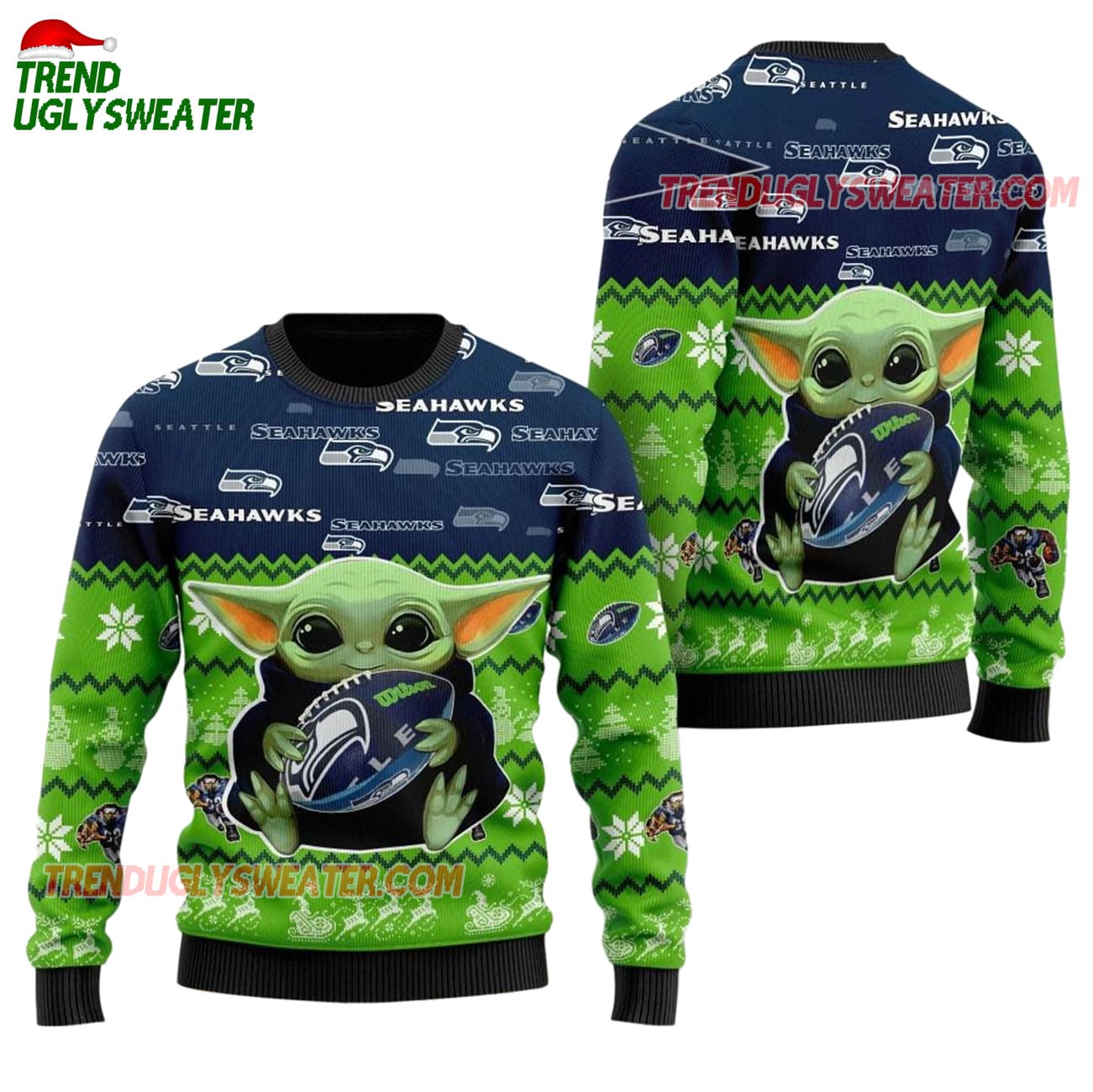 Seattle Seahawks Baby Yoda Hug The Ball Christmas Ugly Sweater Seattle Seahawks Baby Yoda Hug The Ball Christmas Ugly Sweater