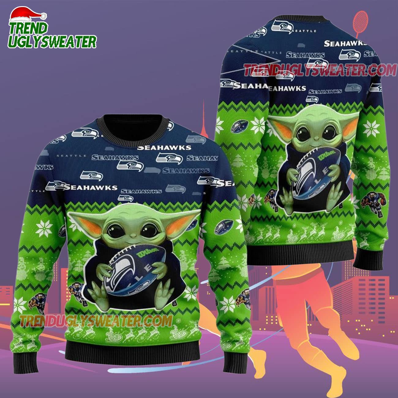 Seattle Seahawks Baby Yoda Hug The Ball Christmas Ugly Sweater Seattle Seahawks Baby Yoda Hug The Ball Christmas Ugly Sweater