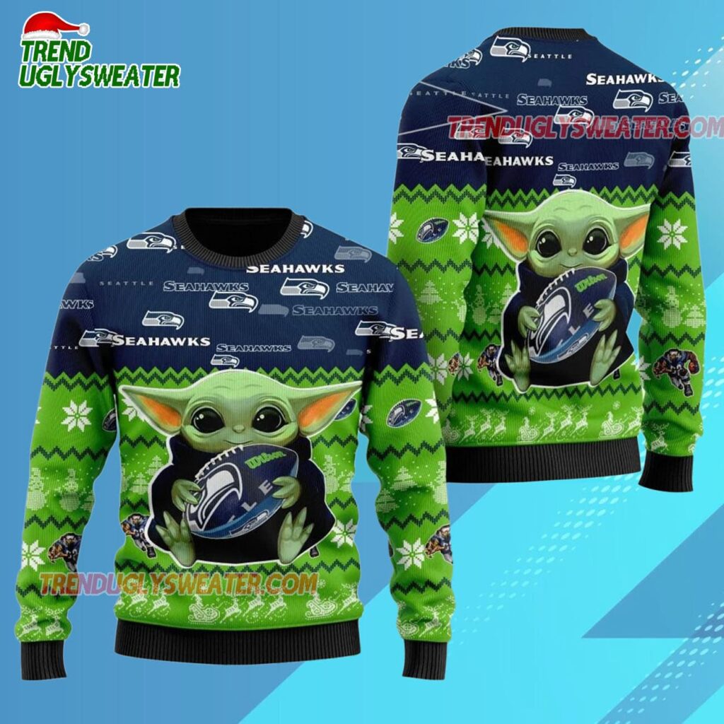Seattle Seahawks Baby Yoda Hug The Ball Christmas Ugly Sweater 3