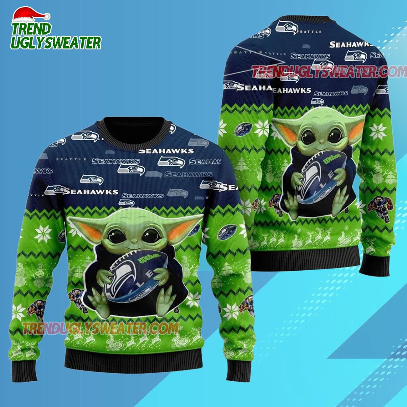 Seattle Seahawks Baby Yoda Hug The Ball Christmas Ugly Sweater Seattle Seahawks Baby Yoda Hug The Ball Christmas Ugly Sweater
