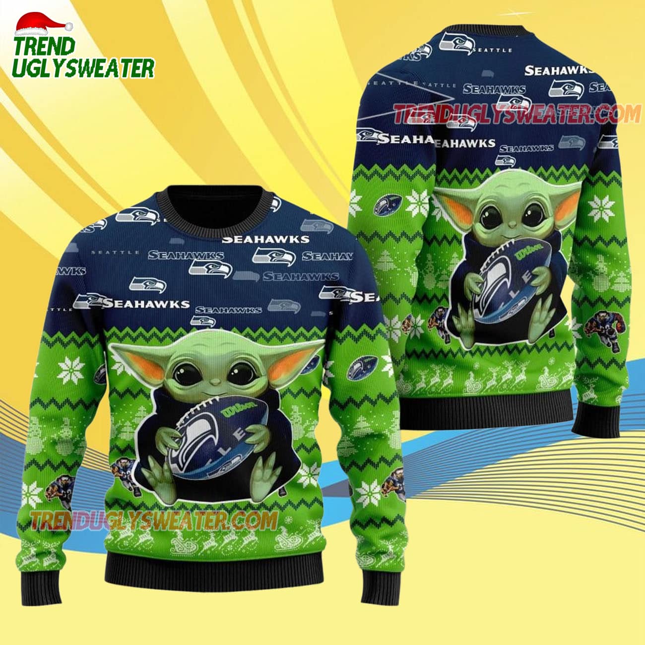 Seattle Seahawks Baby Yoda Hug The Ball Christmas Ugly Sweater Seattle Seahawks Baby Yoda Hug The Ball Christmas Ugly Sweater
