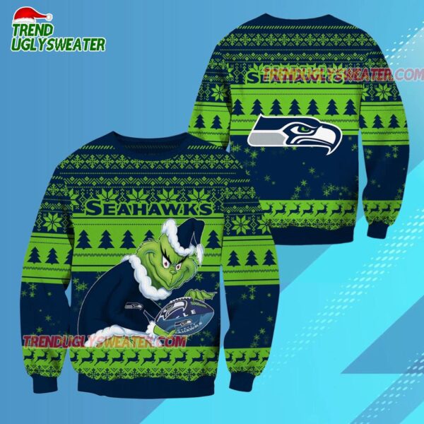 Seattle Seahawks Football Grinch Christmas Ugly Sweater 3