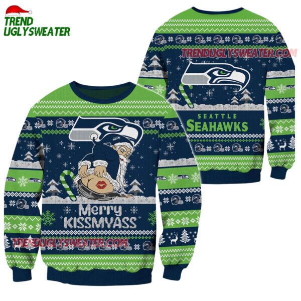Seattle Seahawks Merrykissmyass Funny Santa Claus Christmas Ugly Sweater 1