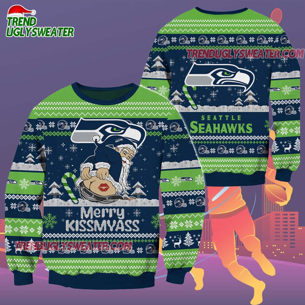 Seattle Seahawks Merrykissmyass Funny Santa Claus Christmas Ugly Sweater Seattle Seahawks Merrykissmyass Funny Santa Claus Christmas Ugly Sweater