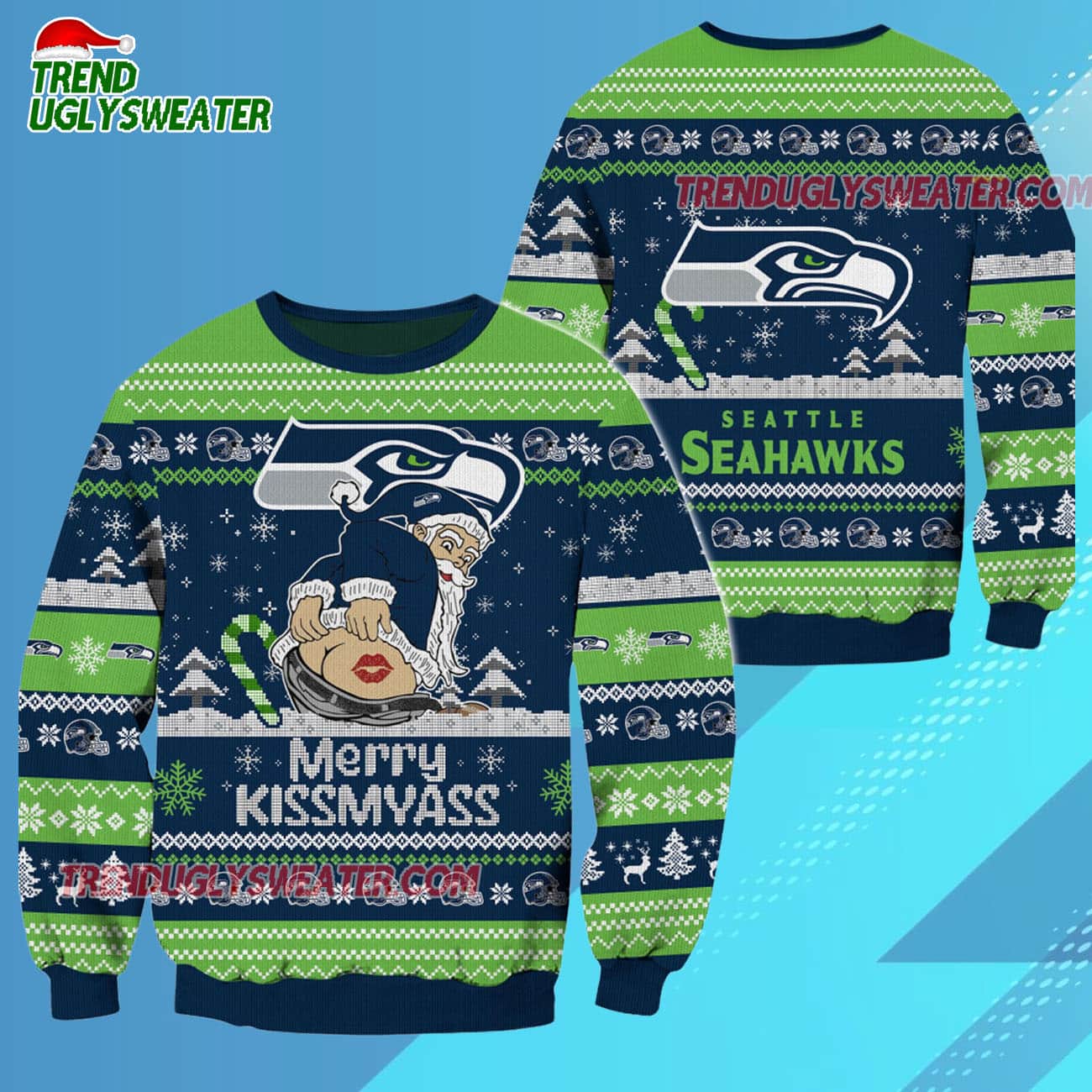Seattle Seahawks Merrykissmyass Funny Santa Claus Christmas Ugly Sweater Seattle Seahawks Merrykissmyass Funny Santa Claus Christmas Ugly Sweater