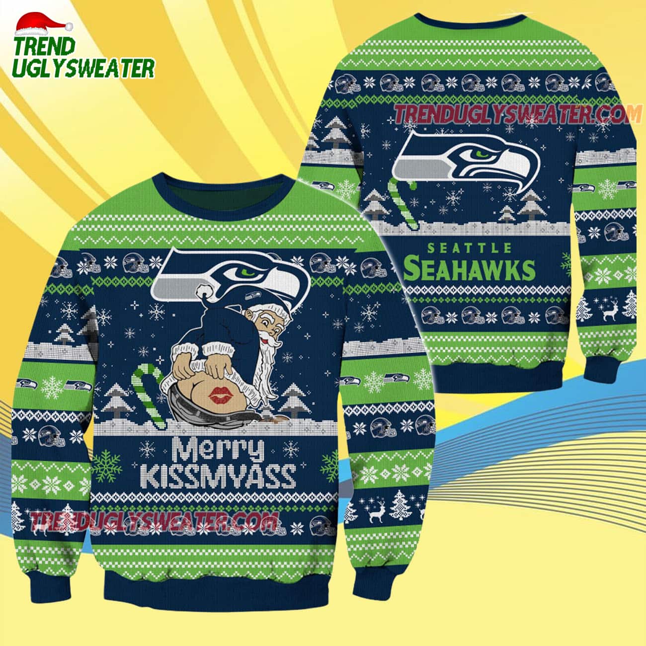 Seattle Seahawks Merrykissmyass Funny Santa Claus Christmas Ugly Sweater Seattle Seahawks Merrykissmyass Funny Santa Claus Christmas Ugly Sweater