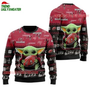Tampa Bay Buccaneers Baby Yoda Hug The Ball Christmas Ugly Sweater 1