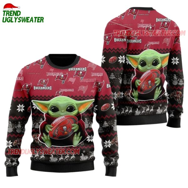 Tampa Bay Buccaneers Baby Yoda Hug The Ball Christmas Ugly Sweater 1