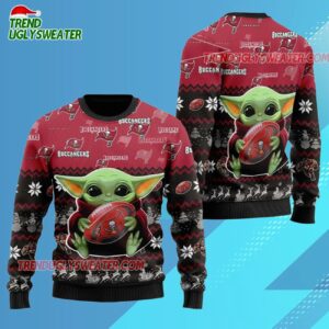 Tampa Bay Buccaneers Baby Yoda Hug The Ball Christmas Ugly Sweater 3