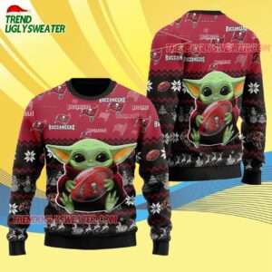 Tampa Bay Buccaneers Baby Yoda Hug The Ball Christmas Ugly Sweater 4
