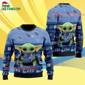 Tennessee Titans Baby Yoda Hug The Ball Christmas Ugly Sweater 4