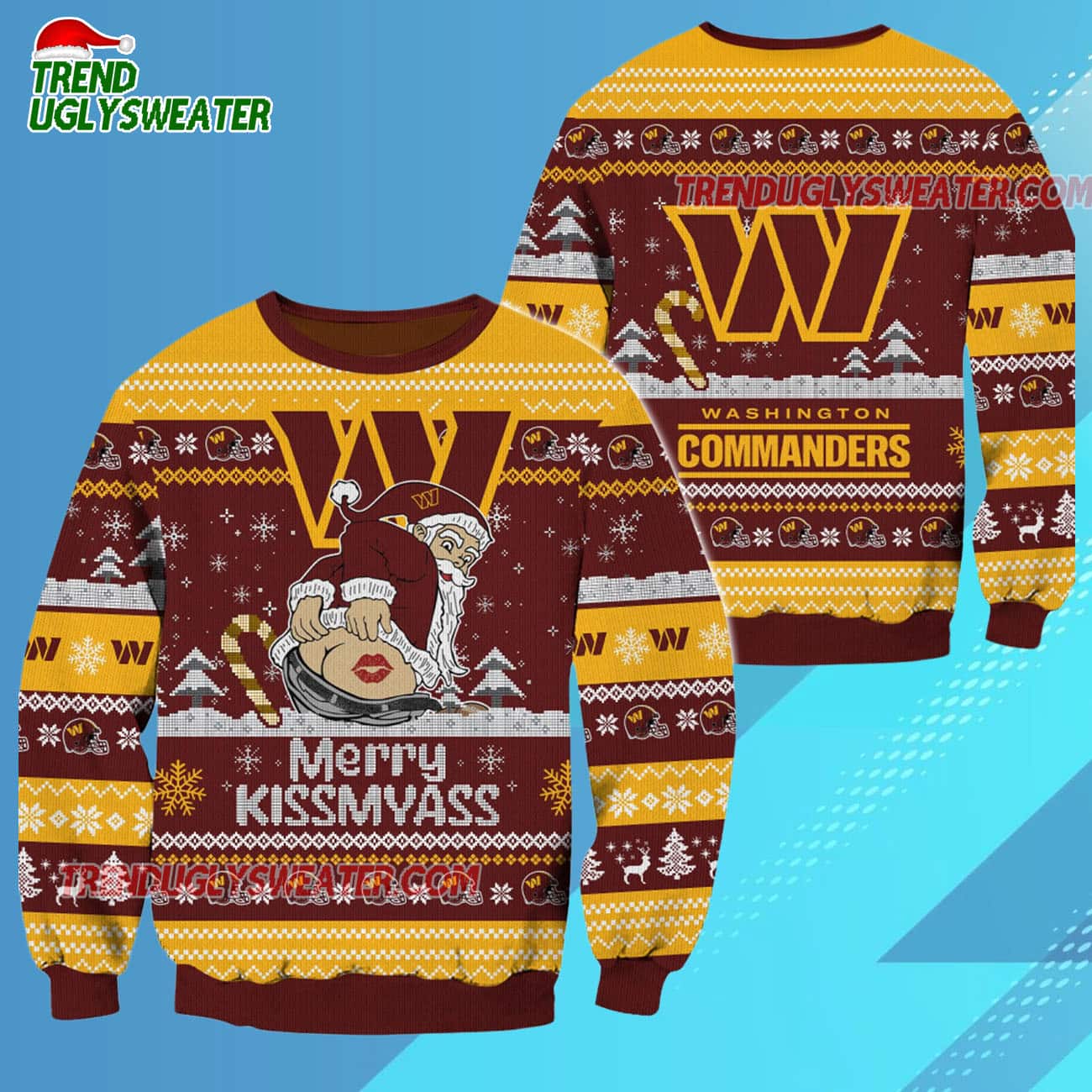 Washington Commanders Merrykissmyass Funny Santa Claus Christmas Ugly Sweater Washington Commanders Merrykissmyass Funny Santa Claus Christmas Ugly Sweater
