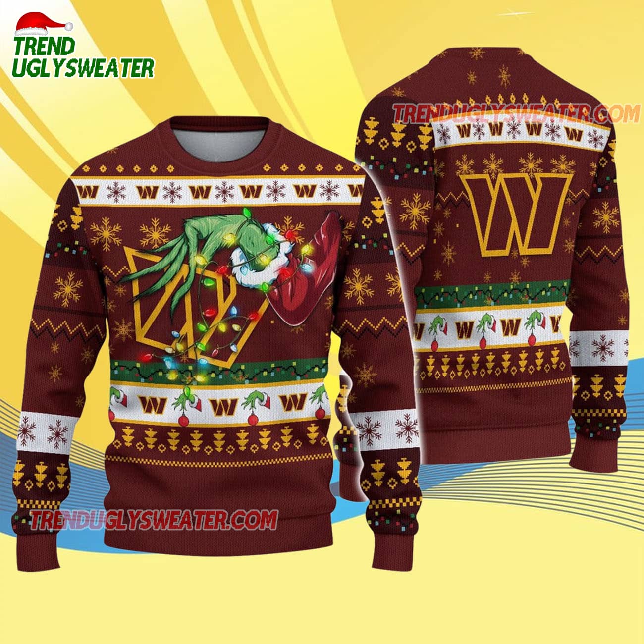 Washington Commanders Special Grinchs Hand Football Christmas Ugly Sweater Washington Commanders Special Grinchs Hand Football Christmas Ugly Sweater