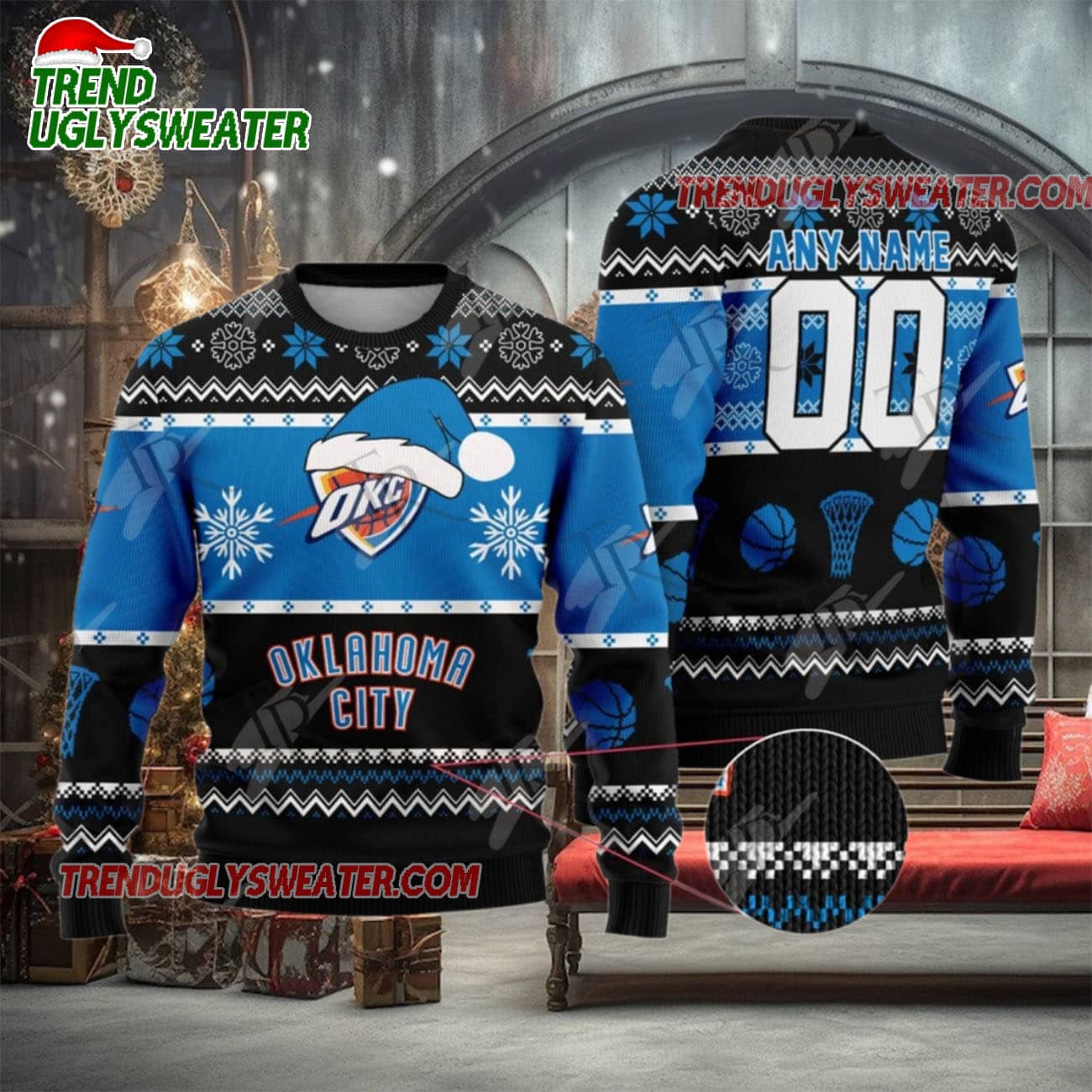 NBA Oklahoma City Thunder Snowy Hoops Ugly Christmas Sweater NBA Oklahoma City Thunder Snowy Hoops Ugly Christmas Sweater