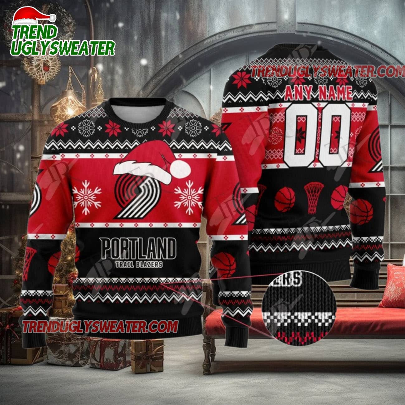 NBA Portland Trail Blazers Snowy Hoops Ugly Christmas Sweater NBA Portland Trail Blazers Snowy Hoops Ugly Christmas Sweater