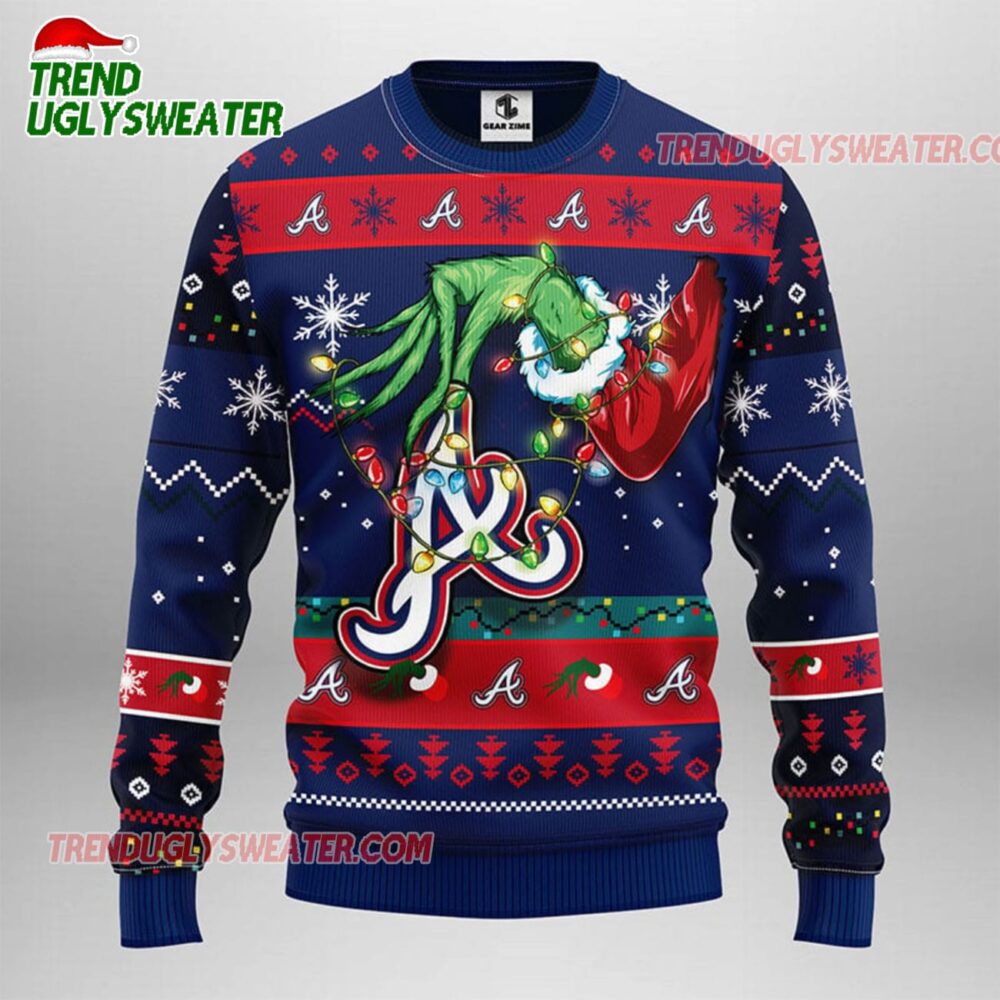 MLB Atlanta Braves Grinch Hand Ugly Christmas Sweater 1