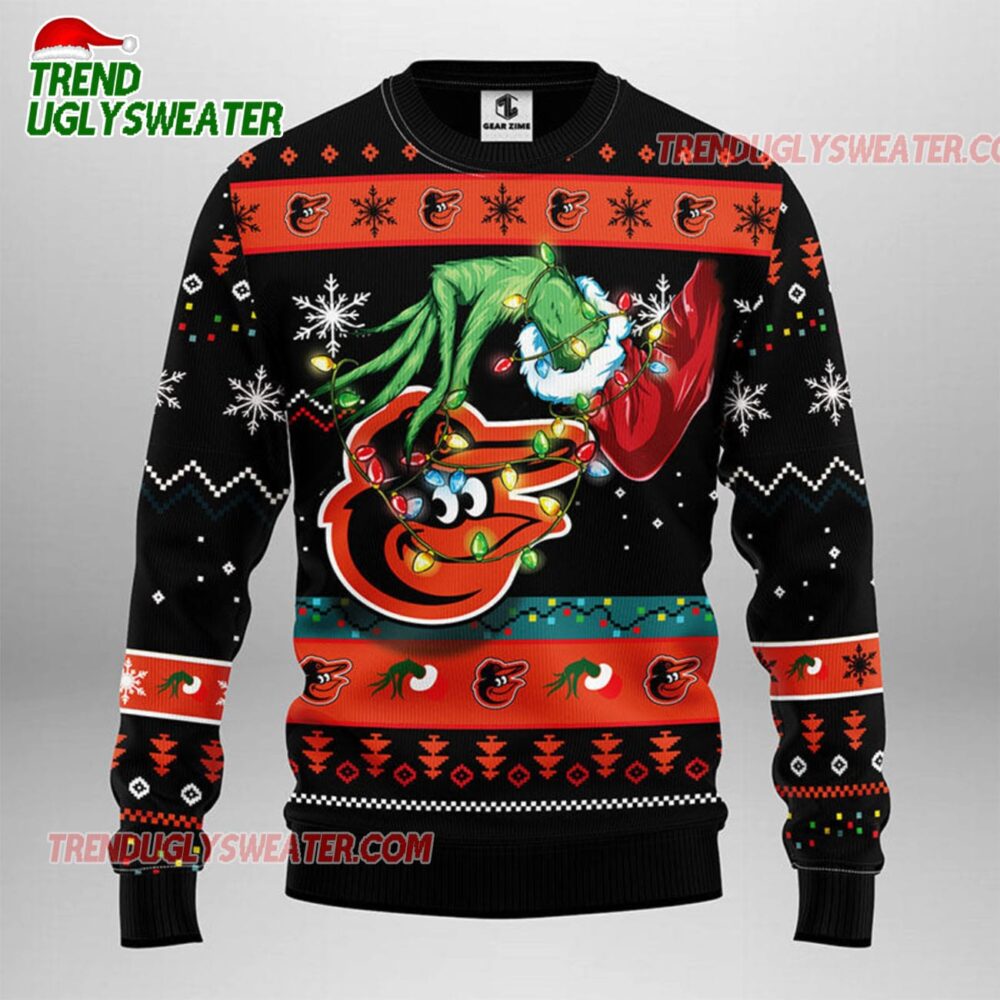 MLB Baltimore Orioles Grinch Hand Ugly Christmas Sweater 1