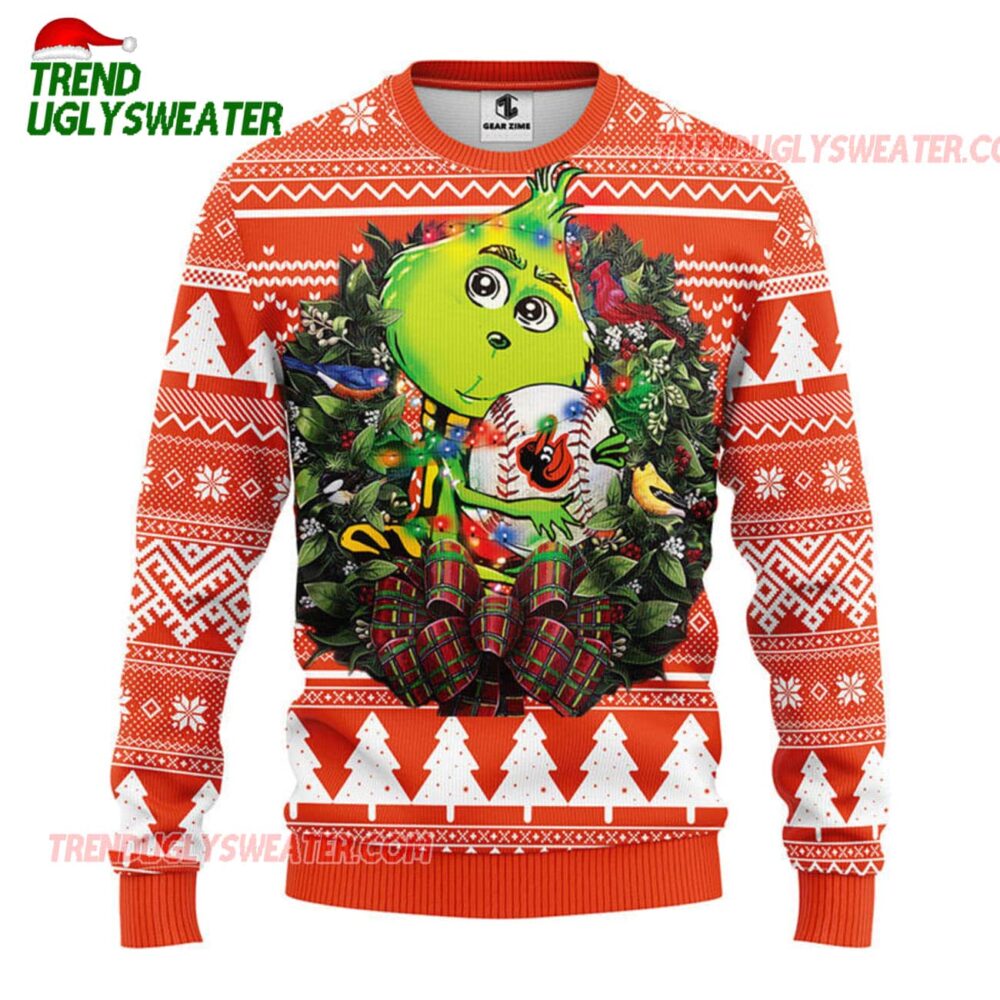 MLB Baltimore Orioles Grinch Hug Ugly Christmas Sweater 1