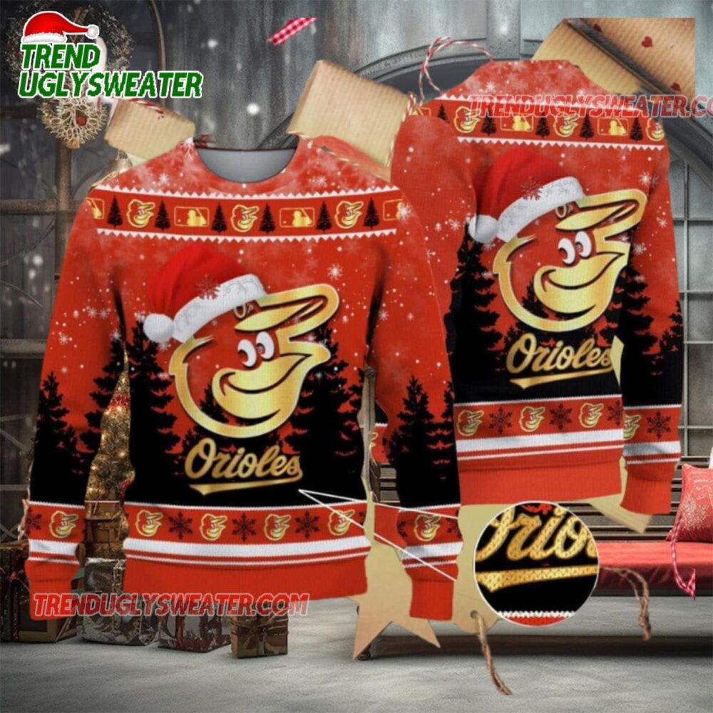 MLB Baltimore Orioles Santa Hat Celebration Ugly Christmas Sweater 1