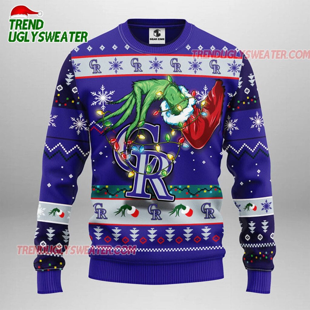MLB Colorado Rockies Grinch Hand Ugly Christmas Sweater 1