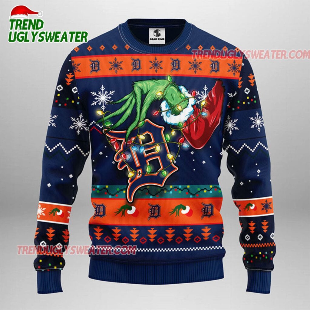 MLB Detroit Tigers Grinch Hand Ugly Christmas Sweater 1