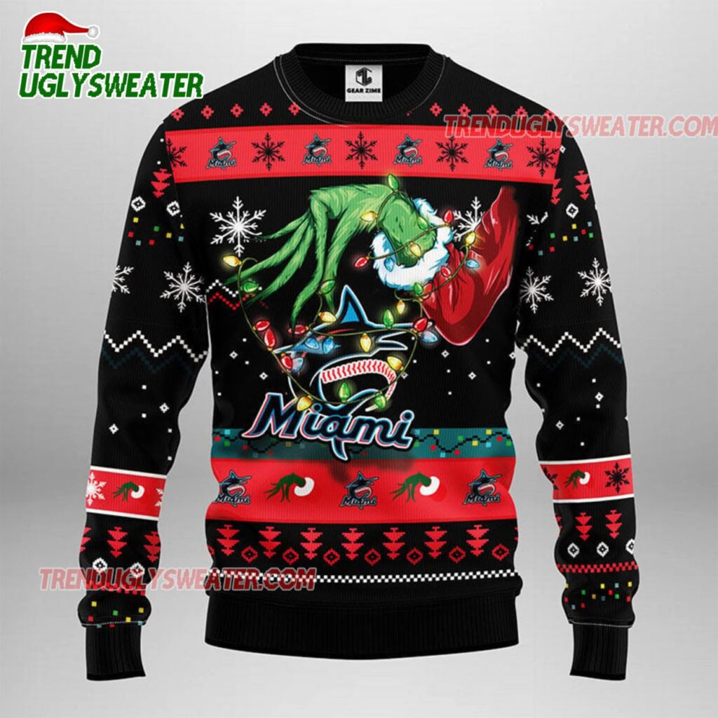 MLB Miami Marlins Grinch Hand Ugly Christmas Sweater 1