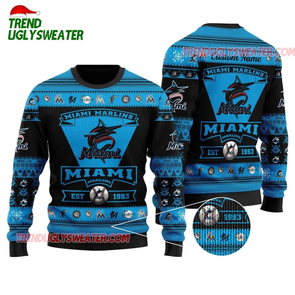MLB Miami Marlins Snowflake Emblem Holiday Ugly Christmas Sweater 1
