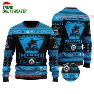 MLB Miami Marlins Snowflake Emblem Holiday Ugly Christmas Sweater 1