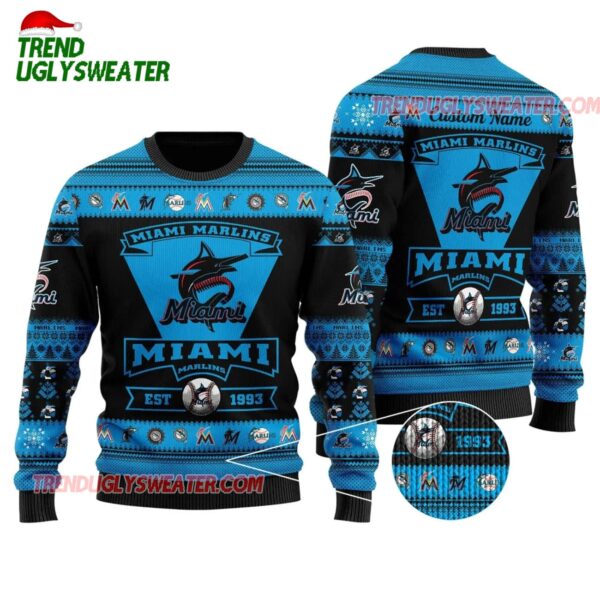 MLB Miami Marlins Snowflake Emblem Holiday Ugly Christmas Sweater 1